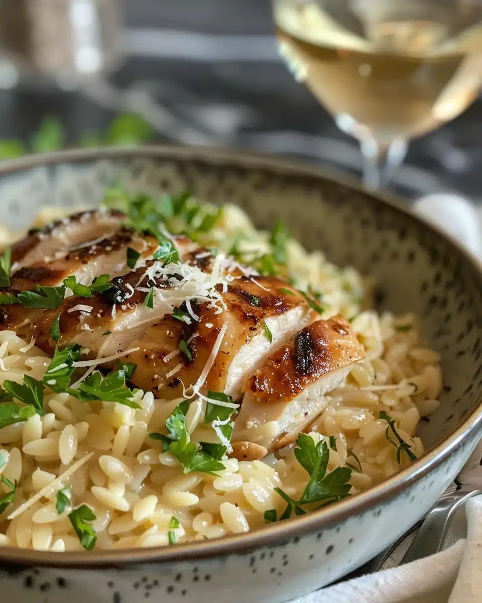 Chicken and mushroom orzo risotto in ceramic bowl